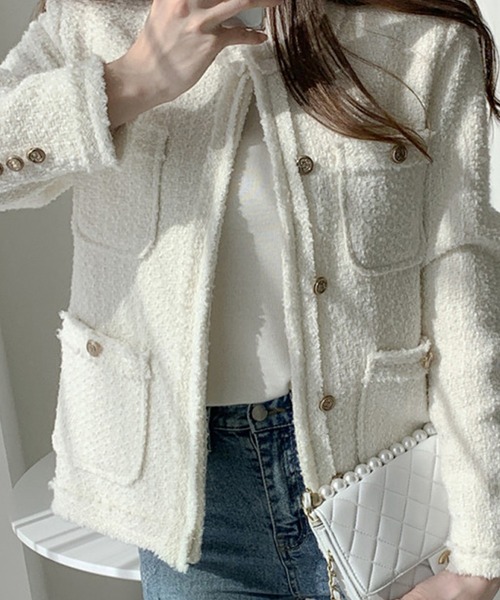 DAY CLOSET（デイ クローゼット）の「レディース ツイード風バックスリットノーカラージャケット（ノーカラージャケット・レディース・オフホワイト・S/M）」の9枚目の写真