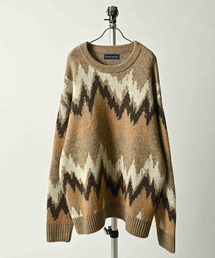 many men many mind / モヘアタッチ総柄ルーズシルエットジャガードクルーネック