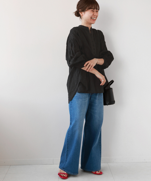 JOURNAL STANDARD relume（ジャーナルスタンダード　レリューム）の「《追加》コットンジャガードギャザーブラウス（シャツ/ブラウス・レディース・ブラック/ホワイト・FREE）」の10枚目の写真