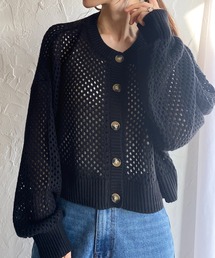 She's Closet（シーズクローゼット）の「前後2WAYメッシュ透かし編みボリュームスリーブショート丈コットンニットカーディガン（カーディガン/ボレロ）」