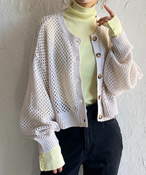 She's Closet(シーズクローゼット)の「前後2WAYメッシュ透かし編みボリュームスリーブショート丈コットンニットカーディガン(カーディガン/ボレロ・レディース・グリーン/アイボリー/グレイッシュベージュ/チェリーレッド/ブラック・FREE)」の6枚目の写真