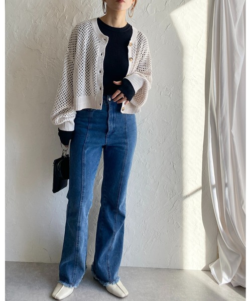 She's Closet(シーズクローゼット)の「前後2WAYメッシュ透かし編みボリュームスリーブショート丈コットンニットカーディガン(カーディガン/ボレロ・レディース・グリーン/アイボリー/グレイッシュベージュ/チェリーレッド/ブラック・FREE)」の12枚目の写真