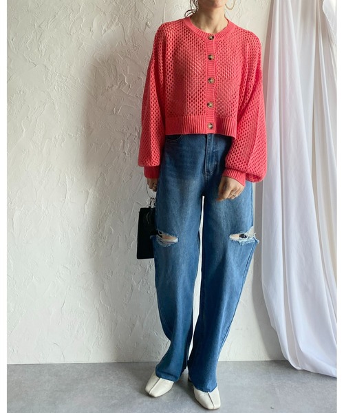She's Closet(シーズクローゼット)の「前後2WAYメッシュ透かし編みボリュームスリーブショート丈コットンニットカーディガン(カーディガン/ボレロ・レディース・グリーン/アイボリー/グレイッシュベージュ/チェリーレッド/ブラック・FREE)」の15枚目の写真