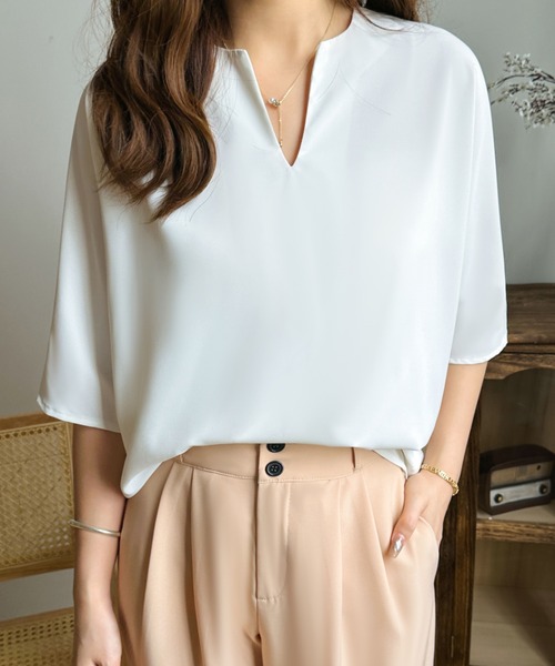 ECLIN（エクラン）の「五分袖キーネックブラウス（シャツ/ブラウス・レディース・ホワイト/ブラック/ネイビー/ライトグリーン/ブルーグレー・M/L）」の20枚目の写真