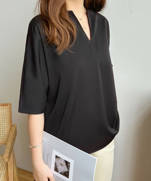 ECLIN（エクラン）の「五分袖キーネックブラウス（シャツ/ブラウス・レディース・ホワイト/ブラック/ネイビー/ライトグリーン/ブルーグレー・M/L）」の10枚目の写真