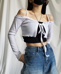 me+em select（ミームセレクト）の「オフショルリボンショートリブカーデトップス【 韓国製 】（カーディガン/ボレロ・レディース）」