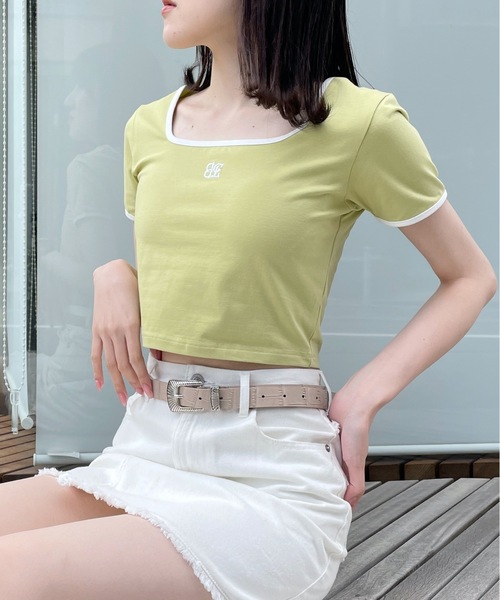 one way(ワンウェイ)の「バイカラーパイピングTシャツ(Tシャツ/カットソー・レディース・ブラック/ホワイト/ライトイエロー/ライトグリーン・FREE)」の3枚目の写真