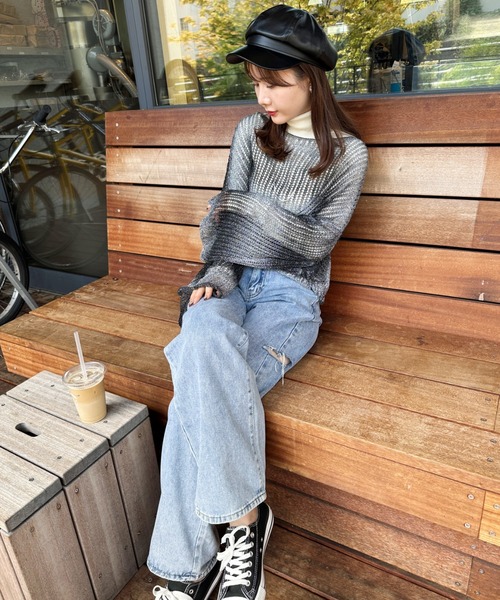 セール】グラデーション メッシュクロップド丈ニット（ニット/セーター