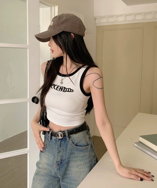 FUNALIVE(ファンアライブ)の「ABETTOR SELECT 韓国ファッション テレコ刺繍「SECENDOOO」ロゴクロップド丈リンガータンクトップ(Tシャツ/カットソー・レディース・ホワイト×ブラック/グレー/ホワイト×ネイビー/ピンク・FREE)」の8枚目の写真