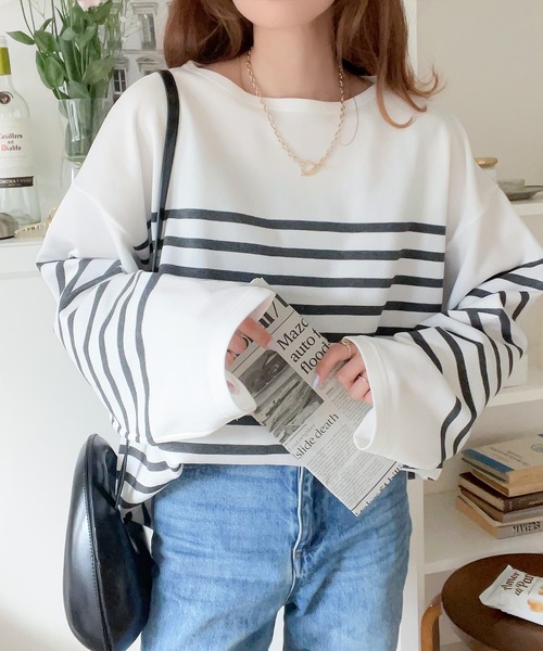 Java(ジャバ)の「《JaVaジャバ 別注》こなれカジュアル。バスク風かすりボーダーT(Tシャツ/カットソー・レディース・ホワイト×ブルー/ブラック×ホワイト/ホワイト×ブラック/ベージュ系その他・LARGE/MEDIUM/X-LARGE/SMALL)」の12枚目の写真