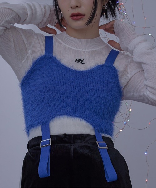 miette（ミエット）の「ガーターベルトデザインシャギービスチェ（キャミソール・レディース・ブラック/ブルー/ピンク/グリーン・FREE）」の4枚目の写真