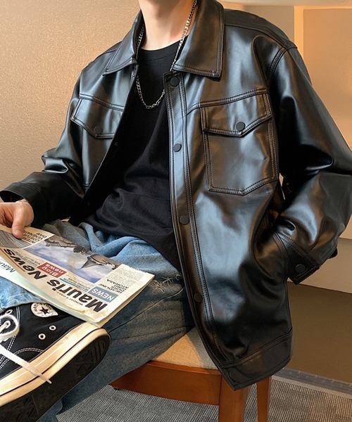 STEELE フェイクレザージャケット SETUP7】オーバーサイズフェイクレザージャケットブルゾン