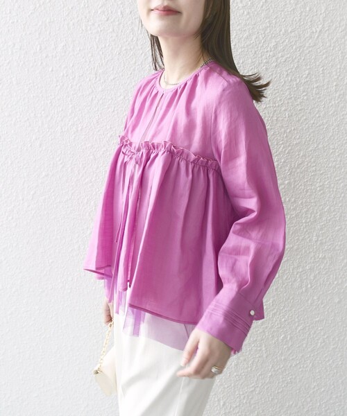 SHIPS（シップス）の「*〈手洗い可能〉ペーパー リネン フリル 羽織 ブラウス（シャツ/ブラウス・レディース・ピンク系/ブラック/オリーブ/オフホワイト・ONE SIZE）」の7枚目の写真