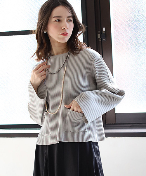 REAL CUBE（リアルキューブ）の「ダンボールニットワイドリブプルオーバー（ニット/セーター・レディース・グレイッシュベージュ/ブラック/ブルー・M）」の2枚目の写真