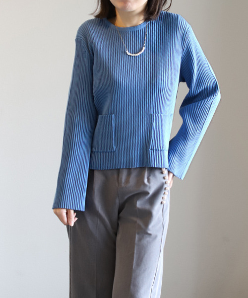 REAL CUBE（リアルキューブ）の「ダンボールニットワイドリブプルオーバー（ニット/セーター・レディース・グレイッシュベージュ/ブラック/ブルー・M）」の3枚目の写真