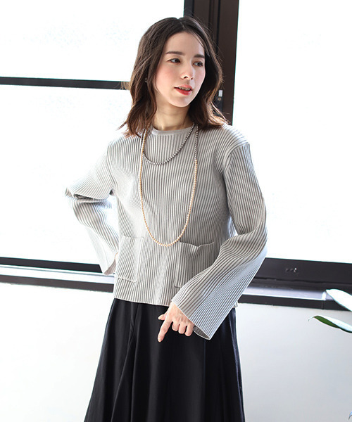 REAL CUBE（リアルキューブ）の「ダンボールニットワイドリブプルオーバー（ニット/セーター・レディース・グレイッシュベージュ/ブラック/ブルー・M）」の6枚目の写真