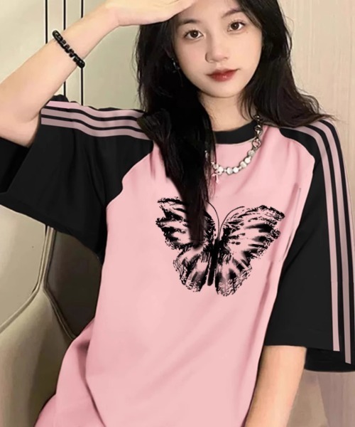 GEMEDA（ジェメダ）の「レトロラグランスリーブTシャツ（Tシャツ/カットソー・レディース・ピンク/ネイビー/ライトブルー・M）」の4枚目の写真