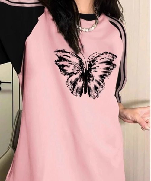 GEMEDA（ジェメダ）の「レトロラグランスリーブTシャツ（Tシャツ/カットソー・レディース・ピンク/ネイビー/ライトブルー・M）」の5枚目の写真