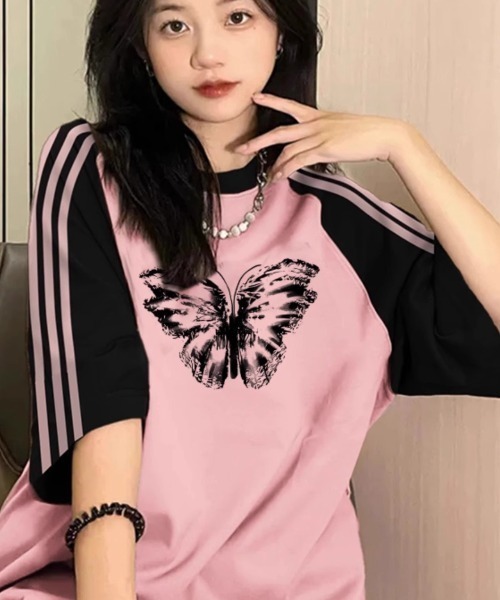 GEMEDA（ジェメダ）の「レトロラグランスリーブTシャツ（Tシャツ/カットソー・レディース・ピンク/ネイビー/ライトブルー・M）」の6枚目の写真