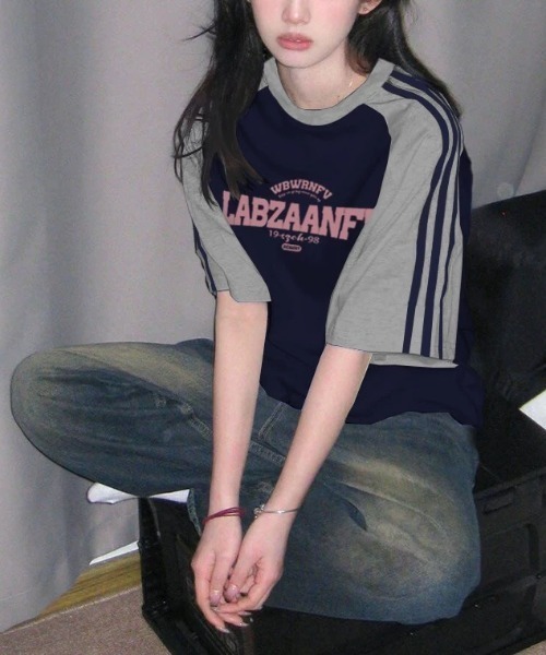 GEMEDA（ジェメダ）の「レトロラグランスリーブTシャツ（Tシャツ/カットソー・レディース・ピンク/ネイビー/ライトブルー・M）」の9枚目の写真