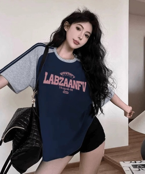 GEMEDA（ジェメダ）の「レトロラグランスリーブTシャツ（Tシャツ/カットソー・レディース・ピンク/ネイビー/ライトブルー・M）」の11枚目の写真