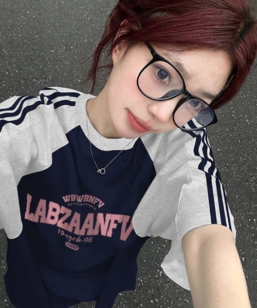 GEMEDA（ジェメダ）の「レトロラグランスリーブTシャツ（Tシャツ/カットソー・レディース・ピンク/ネイビー/ライトブルー・M）」の12枚目の写真