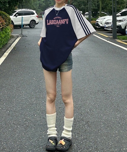 GEMEDA（ジェメダ）の「レトロラグランスリーブTシャツ（Tシャツ/カットソー・レディース・ピンク/ネイビー/ライトブルー・M）」の13枚目の写真