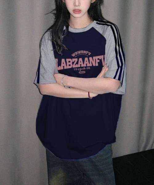GEMEDA（ジェメダ）の「レトロラグランスリーブTシャツ（Tシャツ/カットソー・レディース・ピンク/ネイビー/ライトブルー・M）」の14枚目の写真