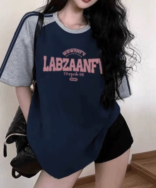 GEMEDA（ジェメダ）の「レトロラグランスリーブTシャツ（Tシャツ/カットソー・レディース・ピンク/ネイビー/ライトブルー・M）」の7枚目の写真