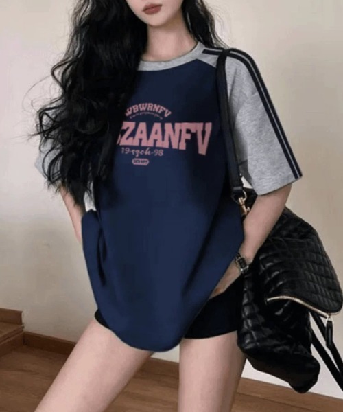 GEMEDA（ジェメダ）の「レトロラグランスリーブTシャツ（Tシャツ/カットソー・レディース・ピンク/ネイビー/ライトブルー・M）」の8枚目の写真