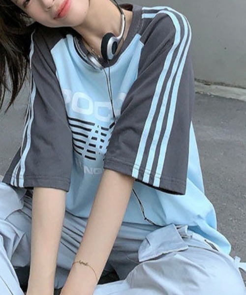 GEMEDA（ジェメダ）の「レトロラグランスリーブTシャツ（Tシャツ/カットソー・レディース・ピンク/ネイビー/ライトブルー・M）」の15枚目の写真