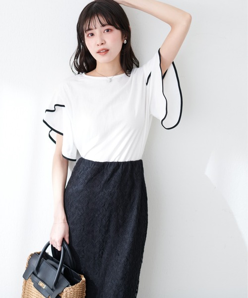 natural couture(ナチュラルクチュール)の「接触冷感配色ラッフルスリーブプルオーバー(Tシャツ/カットソー・レディース・ピンク/グレイッシュベージュ/ブラック/オフホワイト/ブルー・FREE)」の2枚目の写真