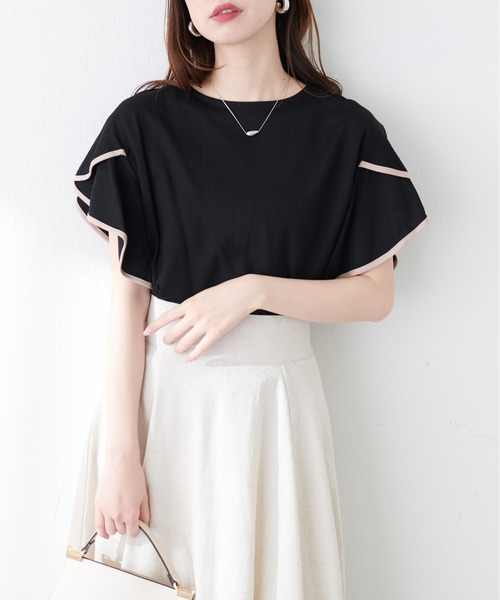 natural couture(ナチュラルクチュール)の「接触冷感配色ラッフルスリーブプルオーバー(Tシャツ/カットソー・レディース・ピンク/グレイッシュベージュ/ブラック/オフホワイト/ブルー・FREE)」の15枚目の写真