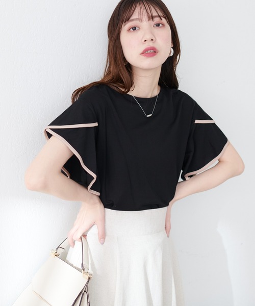 natural couture(ナチュラルクチュール)の「接触冷感配色ラッフルスリーブプルオーバー(Tシャツ/カットソー・レディース・ピンク/グレイッシュベージュ/ブラック/オフホワイト/ブルー・FREE)」の14枚目の写真