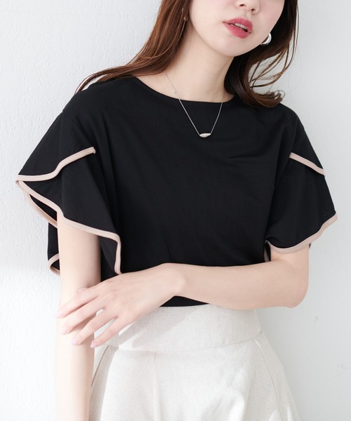 natural couture(ナチュラルクチュール)の「接触冷感配色ラッフルスリーブプルオーバー(Tシャツ/カットソー・レディース・ピンク/グレイッシュベージュ/ブラック/オフホワイト/ブルー・FREE)」の13枚目の写真