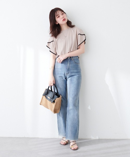 natural couture(ナチュラルクチュール)の「接触冷感配色ラッフルスリーブプルオーバー(Tシャツ/カットソー・レディース・ピンク/グレイッシュベージュ/ブラック/オフホワイト/ブルー・FREE)」の21枚目の写真