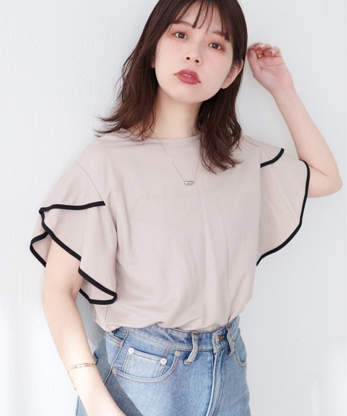 natural couture(ナチュラルクチュール)の「接触冷感配色ラッフルスリーブプルオーバー(Tシャツ/カットソー・レディース・ピンク/グレイッシュベージュ/ブラック/オフホワイト/ブルー・FREE)」の20枚目の写真