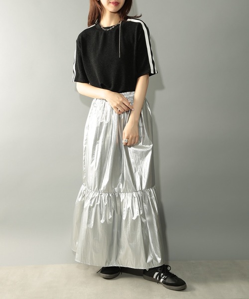 SETUP7(セットアップセブン)の「【SETUP7】sideline glitter tops サイドラインラメTシャツ ハーフスリーブトップス 半袖 ジャージ(Tシャツ/カットソー・レディース・ブラック/シルバー・FREE)」の8枚目の写真