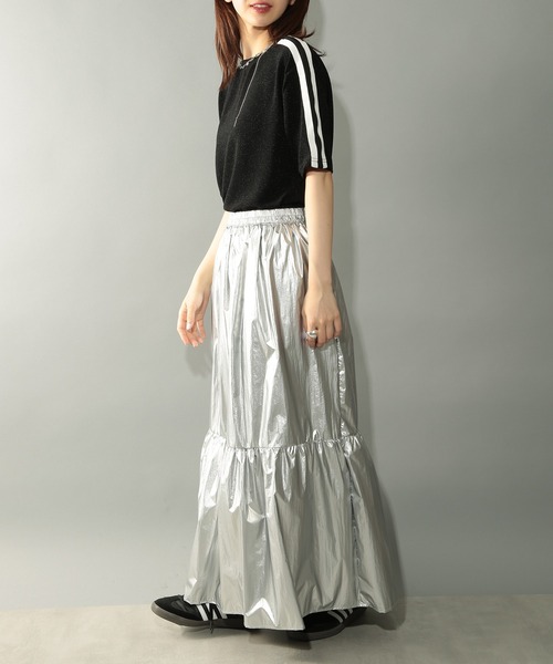 SETUP7(セットアップセブン)の「【SETUP7】sideline glitter tops サイドラインラメTシャツ ハーフスリーブトップス 半袖 ジャージ(Tシャツ/カットソー・レディース・ブラック/シルバー・FREE)」の9枚目の写真