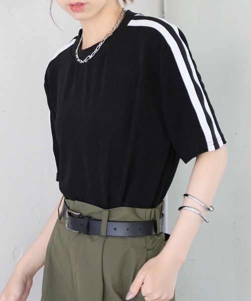 SETUP7(セットアップセブン)の「【SETUP7】sideline glitter tops サイドラインラメTシャツ ハーフスリーブトップス 半袖 ジャージ(Tシャツ/カットソー・レディース・ブラック/シルバー・FREE)」の20枚目の写真