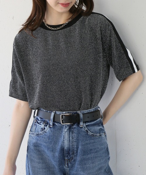 セール】【SETUP7】sideline glitter tops サイドラインラメT