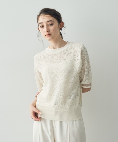 YECCA VECCA(イェッカヴェッカ)の「レース柄シアーニット(ニット/セーター・レディース・ブラック/オフホワイト/イエロー・FREE)」の2枚目の写真