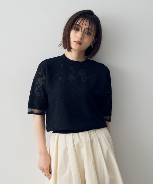 YECCA VECCA(イェッカヴェッカ)の「レース柄シアーニット(ニット/セーター・レディース・ブラック/オフホワイト/イエロー・FREE)」の3枚目の写真