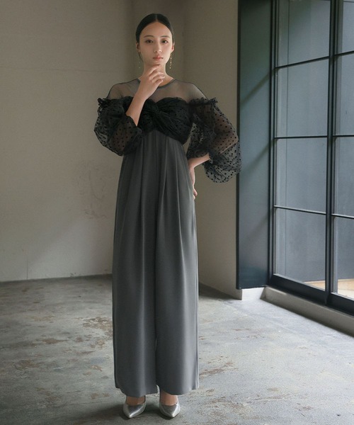 フロッキードットシアーオールインワン 結婚式 パンツドレス