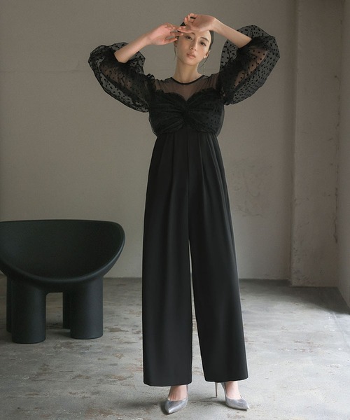 未使用級 フロッキードットパンツドレス オールインワン パーティー 結婚式 セール】フロッキードットパンツドレス オールインワン パーティー