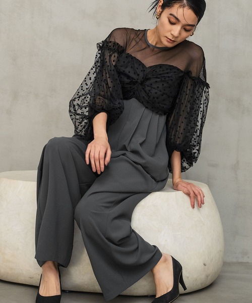 下札付 フロッキードットシアーパンツドレス ブラック サイズL*CD127 下札付 フロッキードットシアーパンツドレス ブラック サイズL*CD127