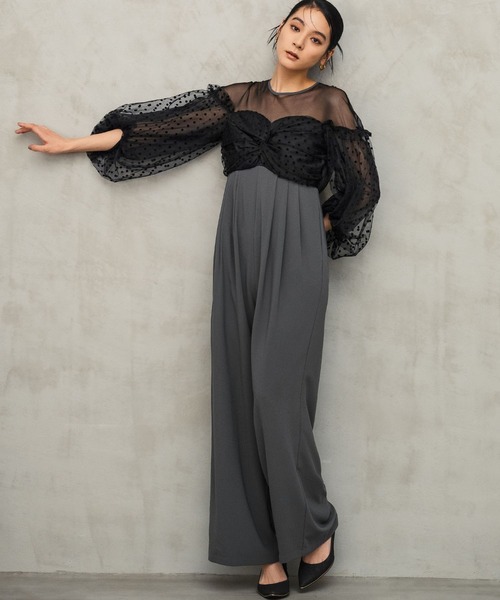 フロッキードットパンツドレス　オケージョンドレス　パンツドレス　結婚式　お呼ばれ フロッキードットシアーオールインワン 結婚式 パンツドレス