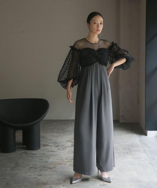 フロッキードットシアーオールインワン 結婚式 パンツドレス