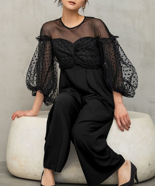 フロッキードットシアーオールインワン 結婚式 パンツドレス