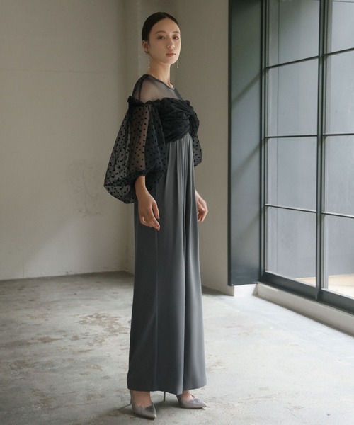 フロッキードットパンツドレス　オケージョンドレス　パンツドレス　結婚式　お呼ばれ フロッキードットシアーオールインワン 結婚式 パンツドレス